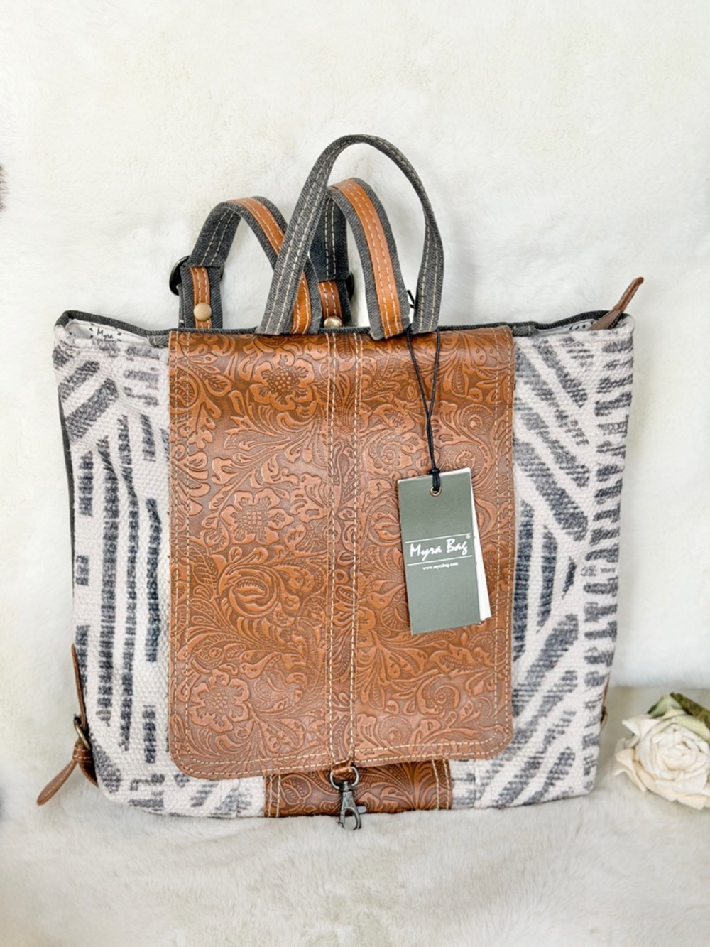 New with tags Myra Bag Brown Embossed Leather & Gray Patterned Backpack Tote